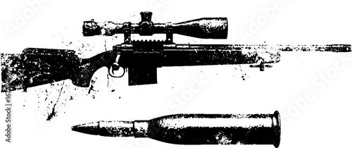 Black and white stencil illustration of sniper rifle and bullet for urban design projects