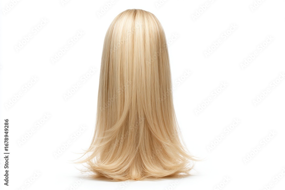 Naklejka premium A long light blonde wig on a white background the hair straight and flowing with a layered cut at the bottom