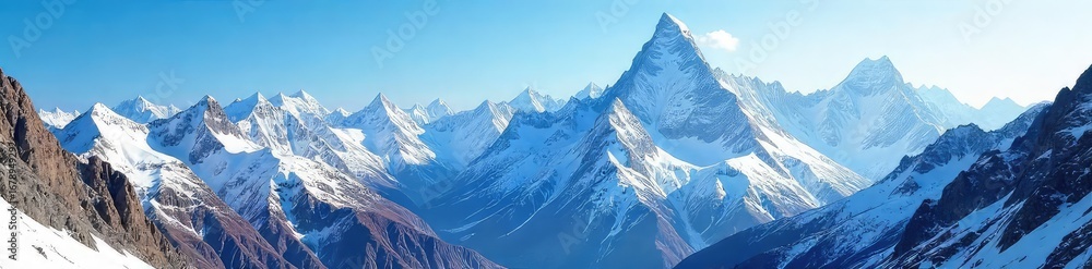 Obraz premium A majestic mountain range, snow-capped peaks piercing a vibrant blue sky Rugged terrain, challenging ascent, breathtaking vista, sense of adventure and exploration , altitude, mountaineering, sun