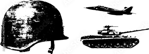 Military stencil art set featuring soldier helmet, tank, and jet for design