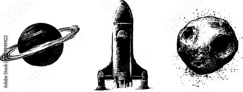 Black and white space stencil set featuring planet rocket and asteroid for design projects