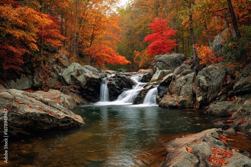 Fototapeta Naklejka Na Ścianę i Meble -  Maryland Fall. Stunning Autumn Waterfall on the Gunpowder River with Vibrant Forest Colors