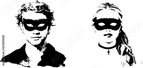 Mysterious masked figures black and white stencil art set for creative design