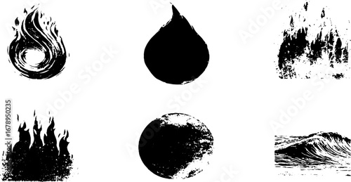 Abstract grunge stencil collection of spirals and shapes in black and white for creative design