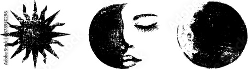 Black and white stencil set featuring sun, moon, and face elements for artistic design