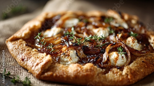 A savory galette with caramelized onions, goat cheese, and thyme, placed diagonally on a neutral linen, minimal props