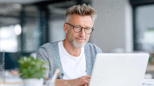 An older man working on his laptop in a modern office, showcasing the flexibility and productivity of mature professionals in today's workplace environment.
