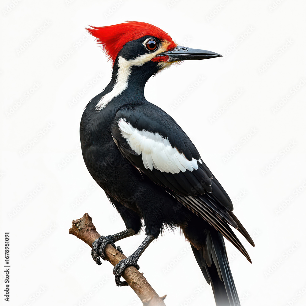 Fototapeta premium Pileated woodpecker perched on branch. Bird features black body, white markings, striking red crest, beak. Clean white background isolates detailed feathered creature. Perfect for nature, wildlife,