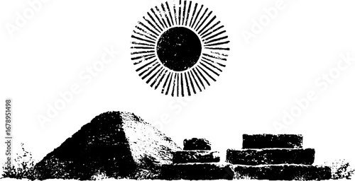 Ancient pyramid and sun design in black and white stencil for art and decor