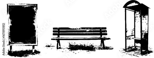 Urban street elements black and white stencil art set for design and decoration