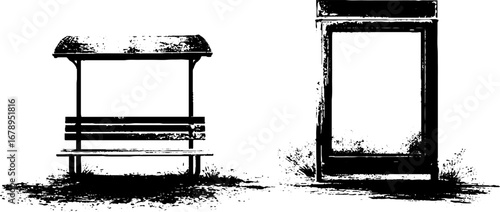 Urban street elements in black and white stencil set for design projects