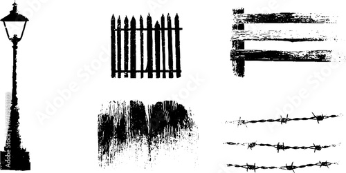Black and white urban stencil set: street lamp, fence, and barbed wire collection
