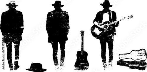 Street musician stencil collection in black and white for urban art projects