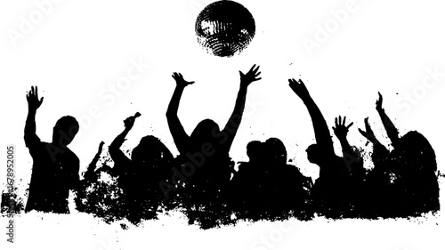 Black and white stencil illustration of dancing crowd with disco ball for party design