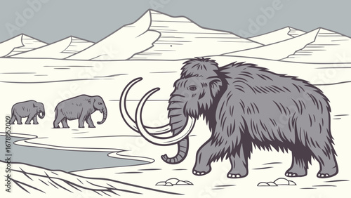 "Prehistoric Woolly Mammoth in Ice Age Landscape Vector Illustration"