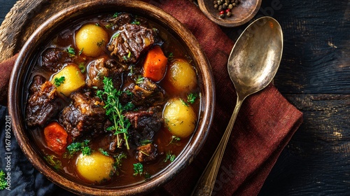 A warm-toned flat lay of oxtail stew with carrots and potatoes, placed on rust-colored fabric, top-right copy space