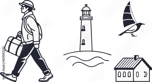 Minimalist vector graphics bundle featuring lighthouse sailor house and bird illustration pack vector