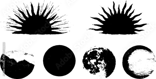 Sun and moon stencil collection in black and white for creative designs