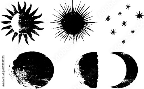 Black and white sun and moon stencil set with stars for creative design