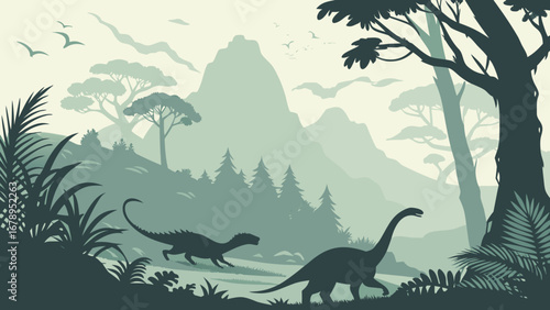 "Prehistoric Dinosaurs in Jurassic Jungle Vector Illustration"