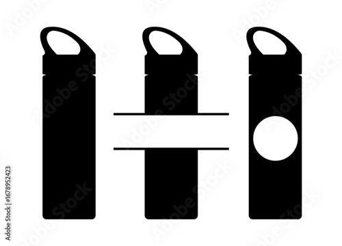 Sports water bottle silhouette stencils template. Customizable vector with monogram copy space. Image for custom sports gifts gym accessories marketing visuals.