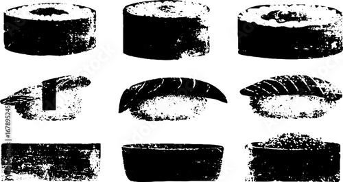 Black and white sushi illustration set for culinary art and design