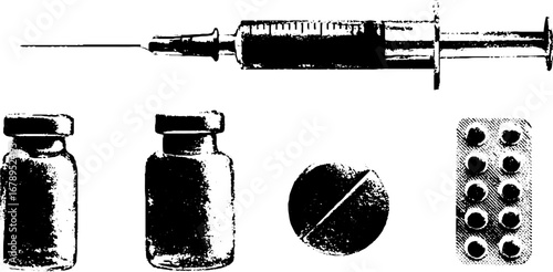 Medical essentials stencil set: syringe and medication in black and white for design projects