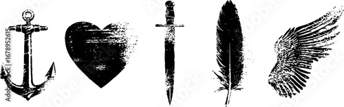 Black and white stencil tattoo set: anchor, heart, dagger, feather, and wings for design