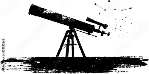 Black and white telescope stencil illustration - astronomy and stargazing art set