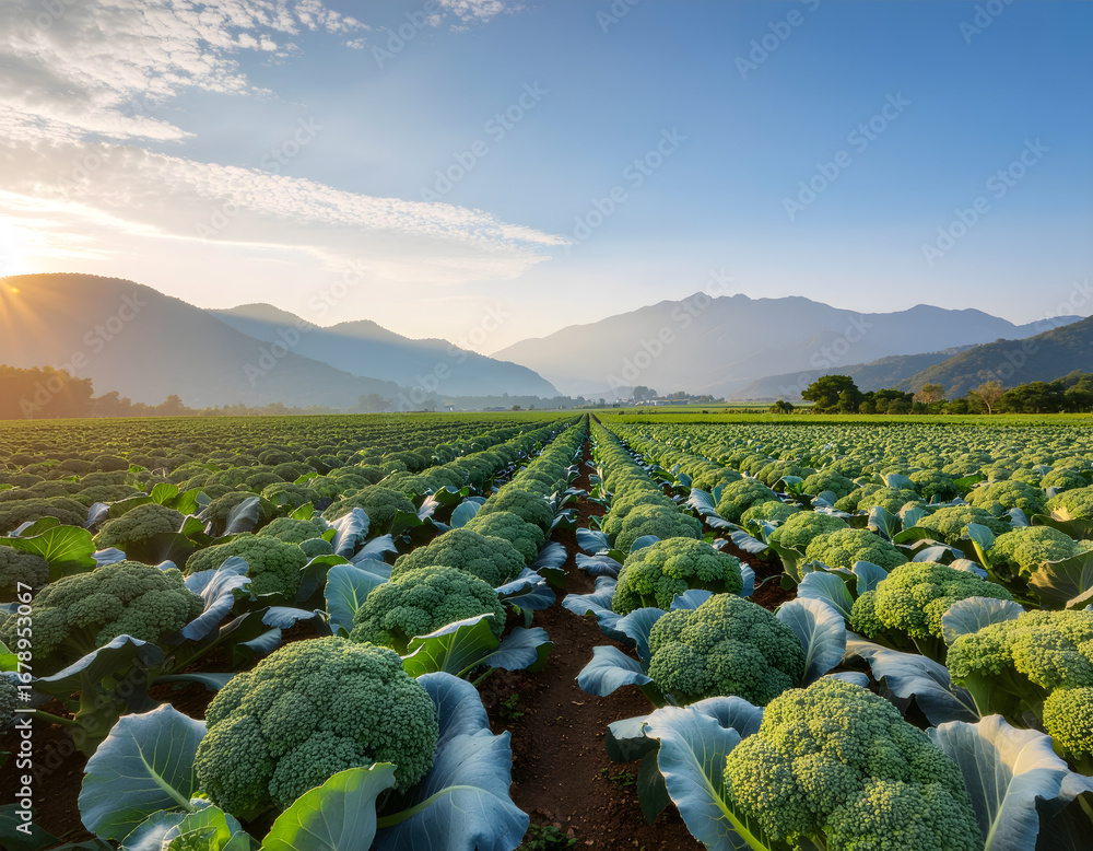 Fototapeta premium Rows of broccoli plants stretch across a field towards distant mountains under a clear blue sky at sunrise.