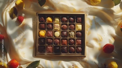 Elegant Assorted Chocolates on White Satin Background