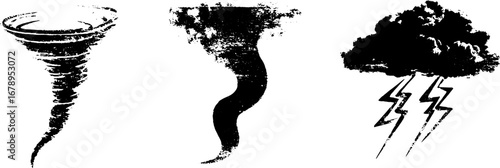Black and white tornado and storm elements set for urban design and art projects