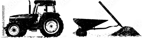 Vintage black and white tractor and wheelbarrow set for rural design projects