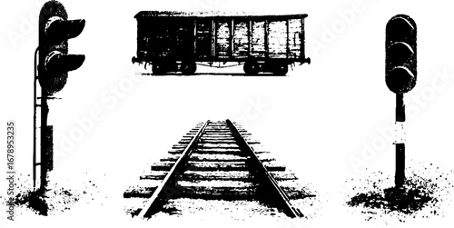 Vintage train stencil set with railway tracks and signal lights for urban design projects