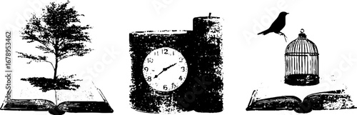 Black and white tree and clock stencil illustrations for design and decor
