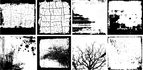 Black and white stencil set: nature and grunge tree textures for design projects