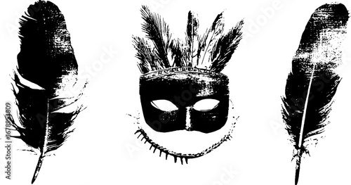 Tribal feather and mask stencil design set for creative projects