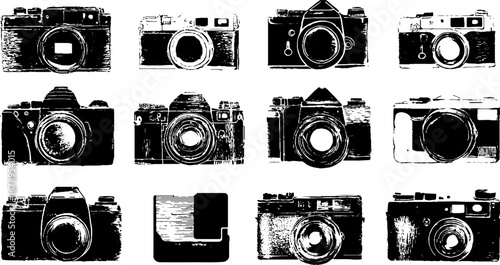 Vintage camera stencil set in black and white design for urban art projects