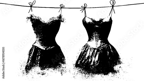 Black and white stencil set of vintage corset dresses on clothesline for fashion design inspiration