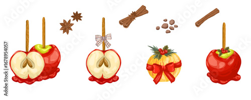 A collection of hand-drawn vector elements: delicious caramel apples, cinnamon sticks, and star anise. A perfect addition for your cozy winter and holiday designs