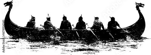 Black and white viking ship stencil illustration for art and design projects