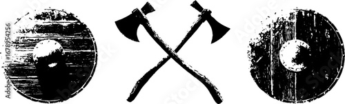 Viking themes stencil set with axes and shields in black and white for art and design