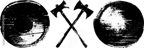 Viking symbols stencil art set: axes and shields in black and white for designs