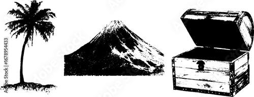 Black and white volcanic island elements for poster design