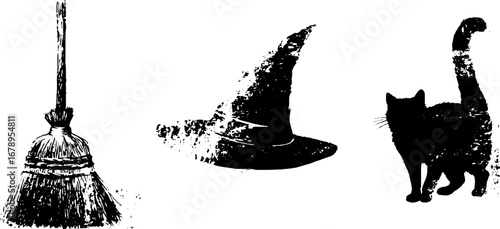 Witchcraft elements silhouette set: broomstick, hat, and cat for halloween decor