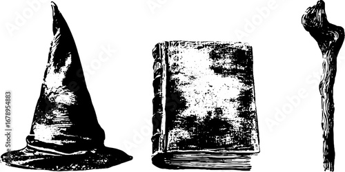 Black and white wizard hat, spellbook, and staff stencil illustration collection