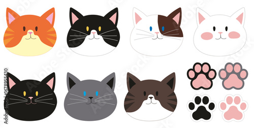 Collection Of Adorable Cat Faces And Paw Prints In Colorful Cartoon Style For Kids And Friends