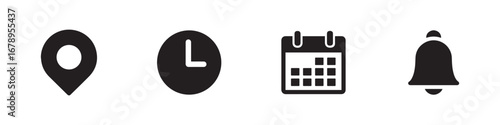 Location, time, calendar and notification bell icons set. Flat simple illustrations of pin, date, clock and bell. Vector Illustration. EPS 10