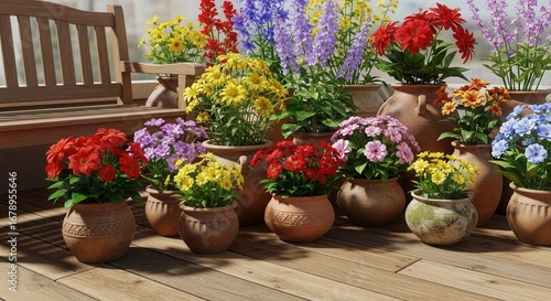 Wallpaper Mural A vibrant collection of flowers in terracotta pots adorn a wooden terrace creating a colorful Torontodigital.ca