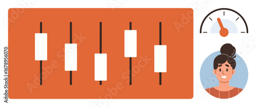 Candlestick chart for data analysis, speedometer gauge indicating performance, and person illustration. Ideal for finance, analytics, business decisions, productivity, tech, strategy education